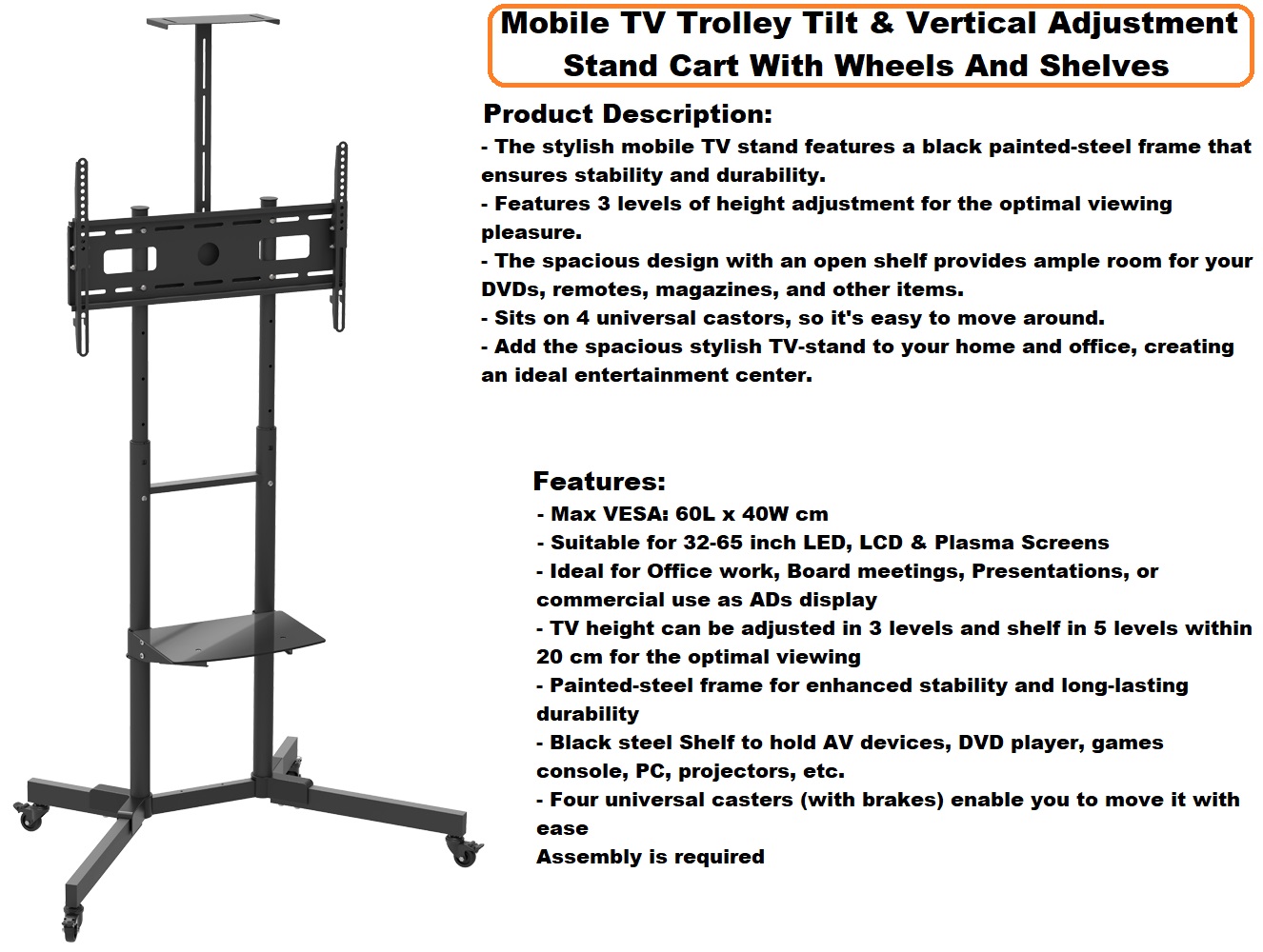 Mobile TV Trolley Tilt, Vertical Adjustment Stand Cart With Wheels And Shelves.