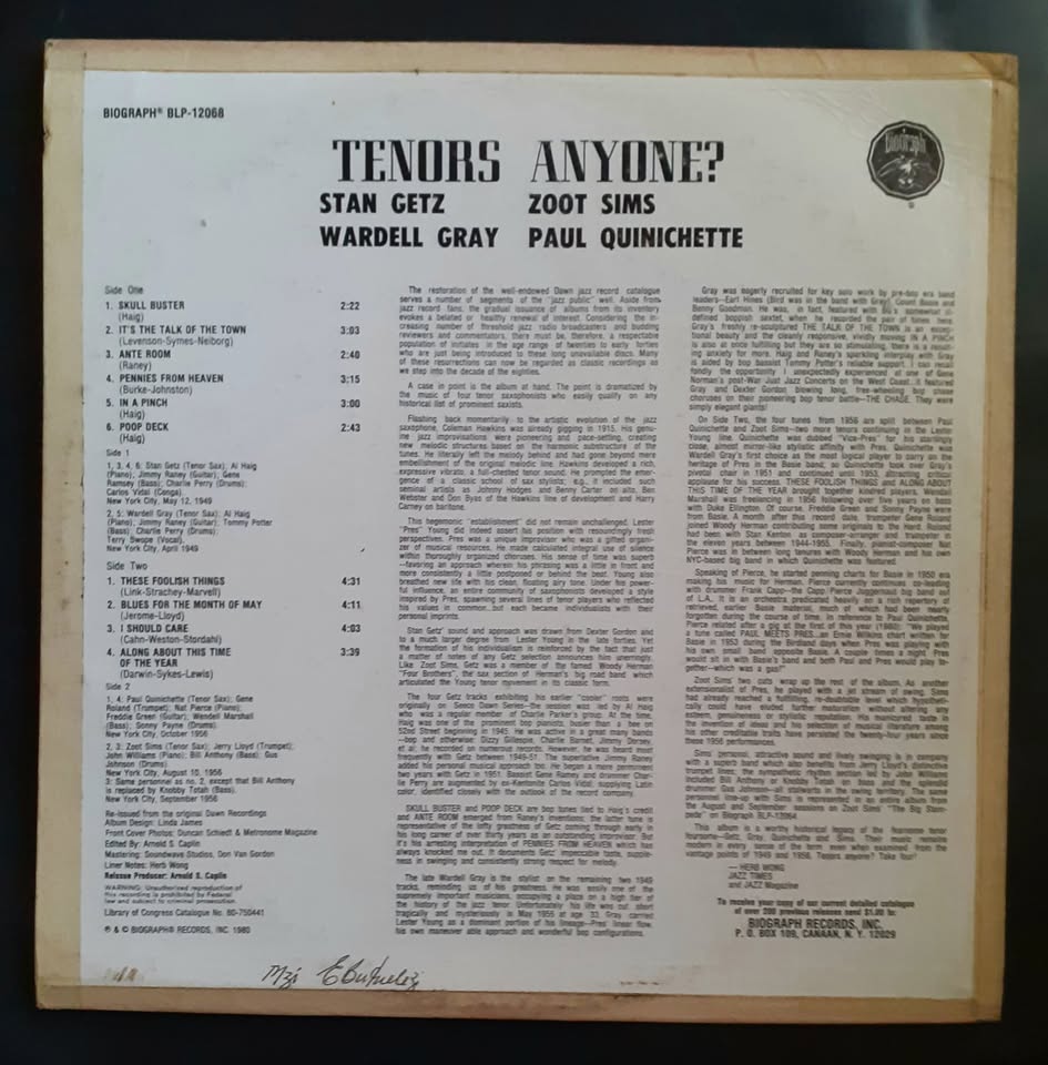 Stan Getz, Zoot Sims, Wardell Gray, Paul Quinichette - Tenors Anyone? LP Record