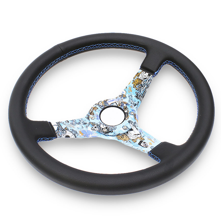 GripForge Leather Steering with Hydrodip Blue & White Graffiti Design – 350mm