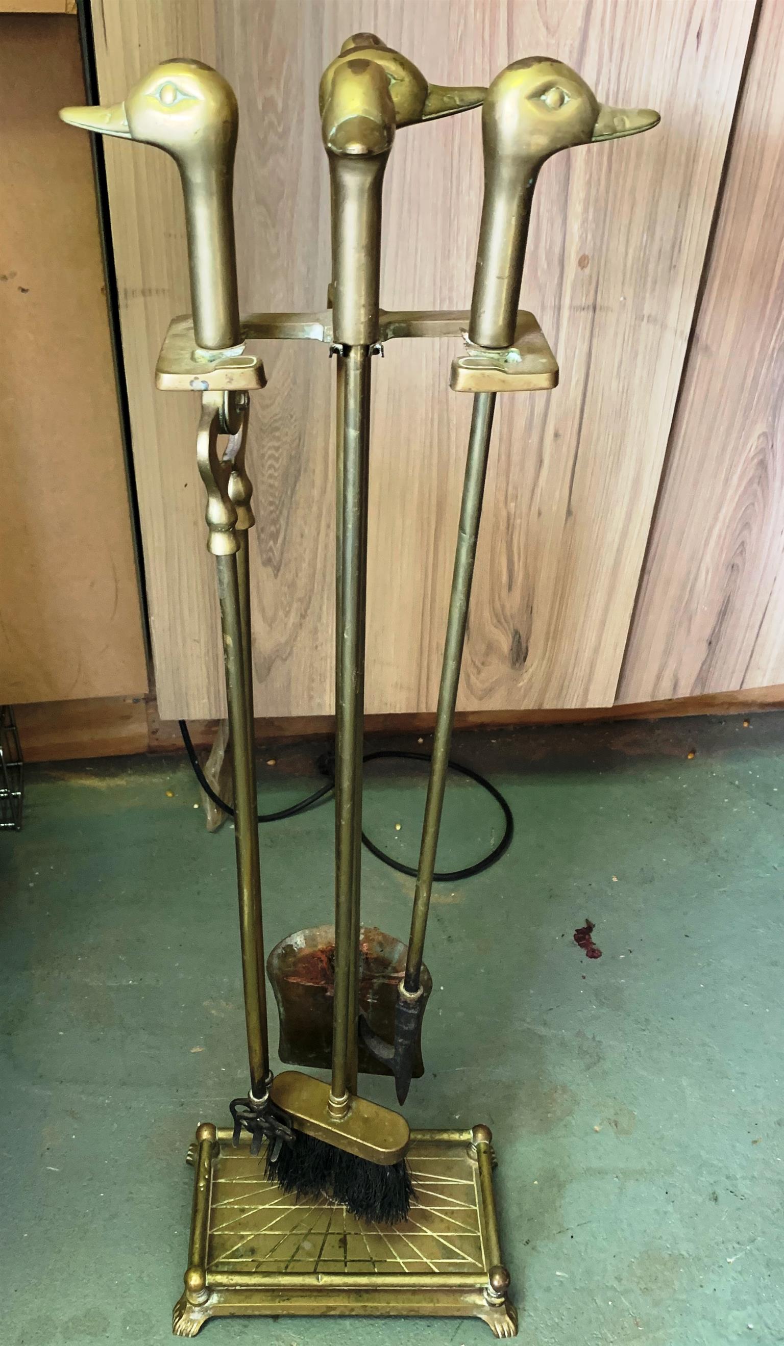Duck Head Topped Brass Fireplace Tools Mid Century Solid Brass