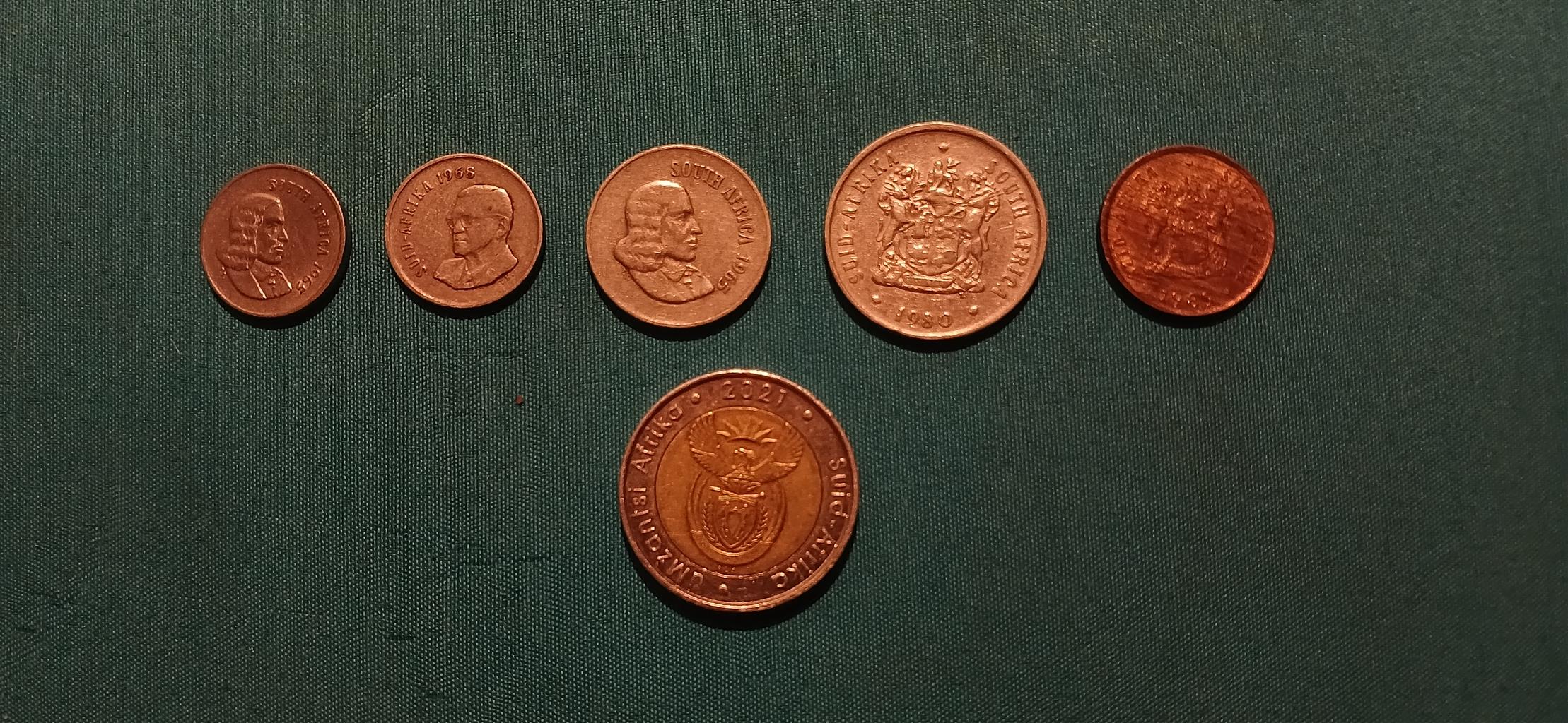 19 65 and 1968 5c, 1965 10c, 1980 20c, 1989 1c and rare 5 rand 19 65 and 1968 5c, 1965 10c, 1980 20c, 1989 1c and rare 5 rand