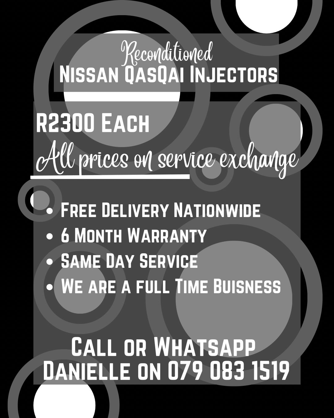 NISSAN QASQAI INJECTORS FOR SALE WITH WARRANTY INCLUDED - Private Seller NISSAN QASQAI INJECTORS FOR SALE WITH WARRANTY INCLUDED - Private Seller