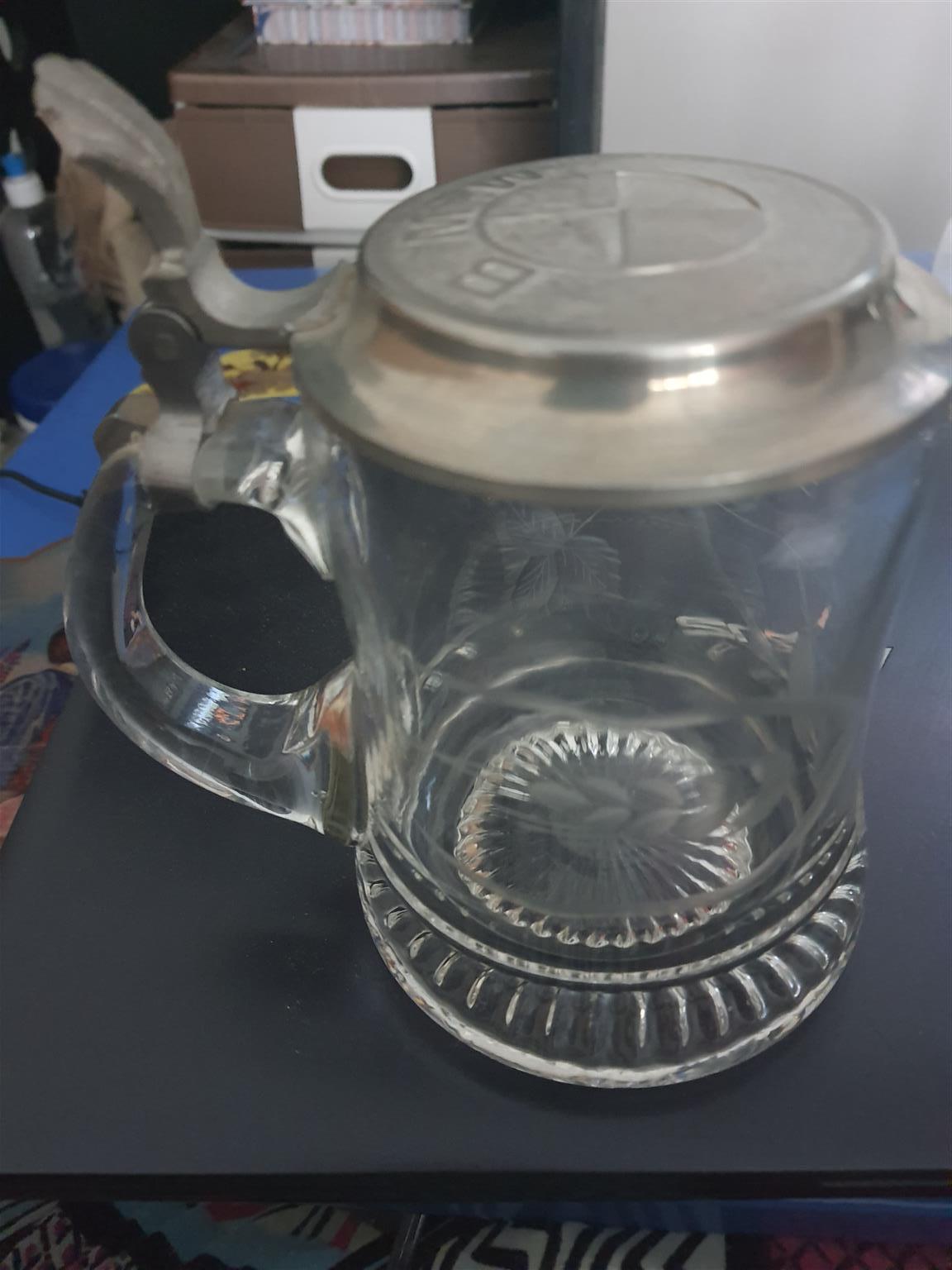 BMW Pewter lid glass beer stein mug - ERBO ZINN 8"