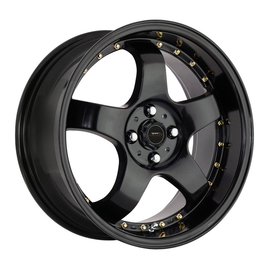 17″ A-Line Nebula 4/100 Silk Black with Gold Rivets Alloy Wheels 17″ A-Line Nebula 4/100 Silk Black with Gold Rivets Alloy Wheels