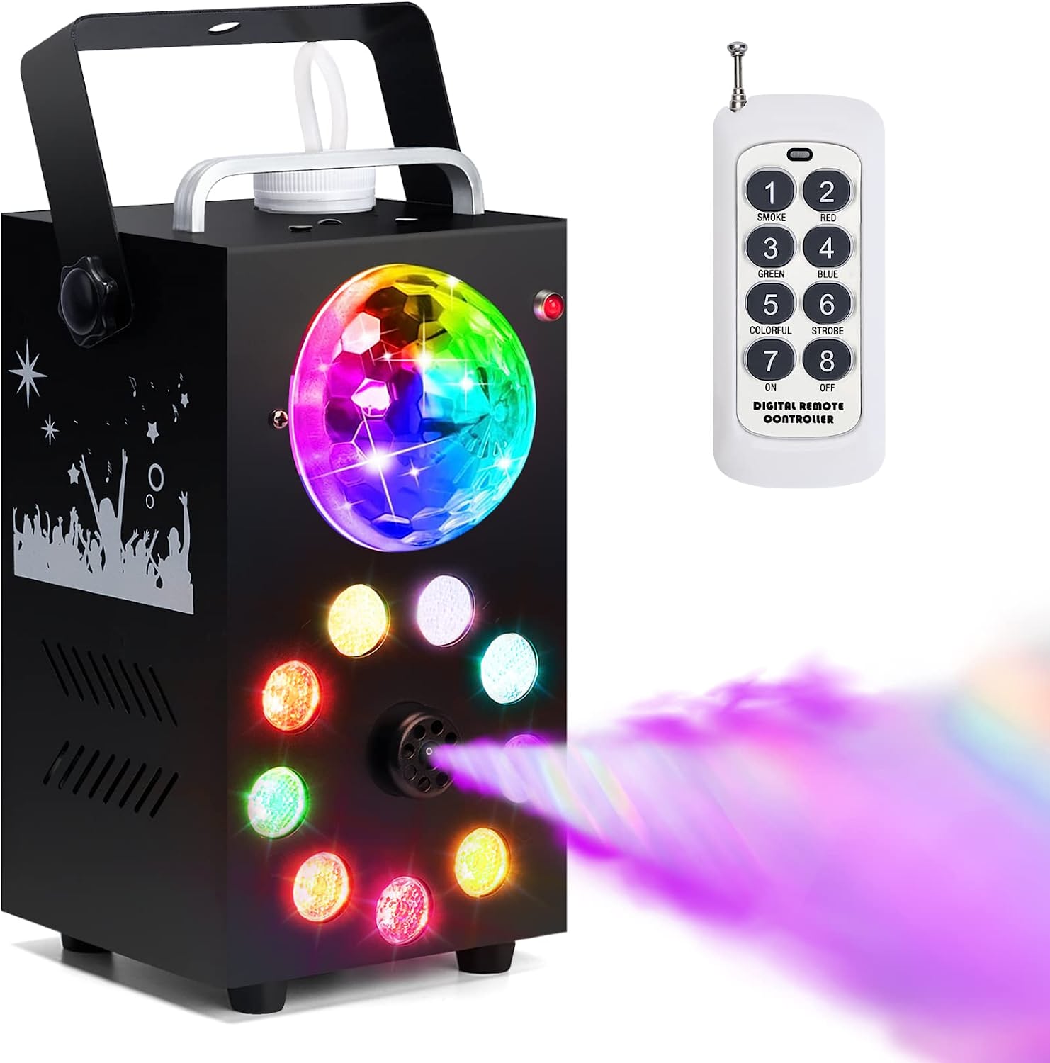 Professional Smoke Fog Machine with MultiColour RGB LEDs, Rotating Light Ball.