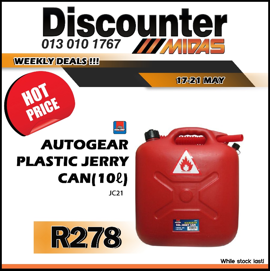 AutoGear Plastic Jerry Can 10L ONLY R278 at Discounter Midas!