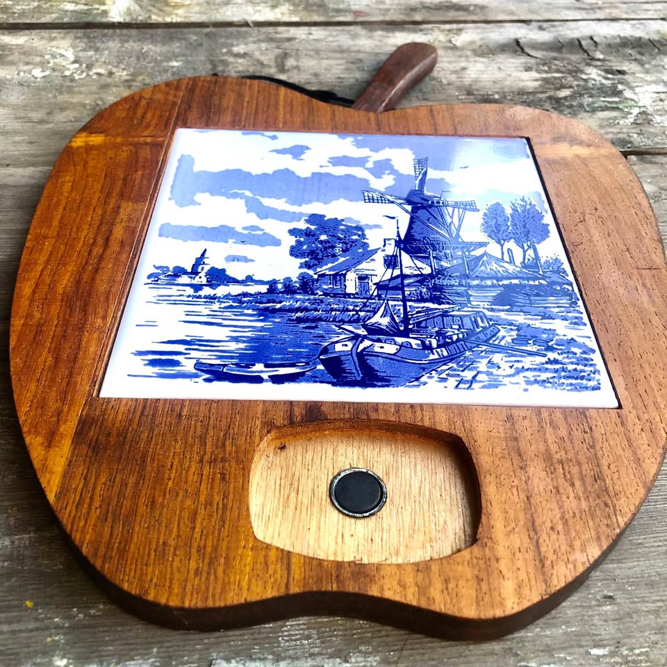 Vintage Delft Blue and White Windmill Tile Cheese Cutting Board With Knife