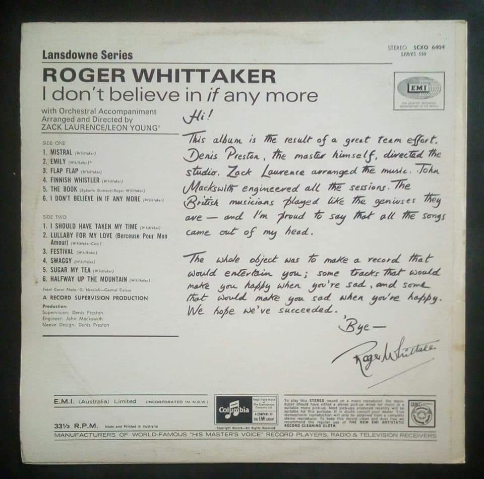 Roger Whittaker - I Don't Belive In If Anymore LP Record