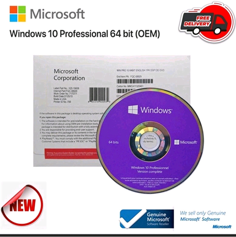 Microsoft Windows 10 Pro Professional 64 Bit Genuine OEM DVD