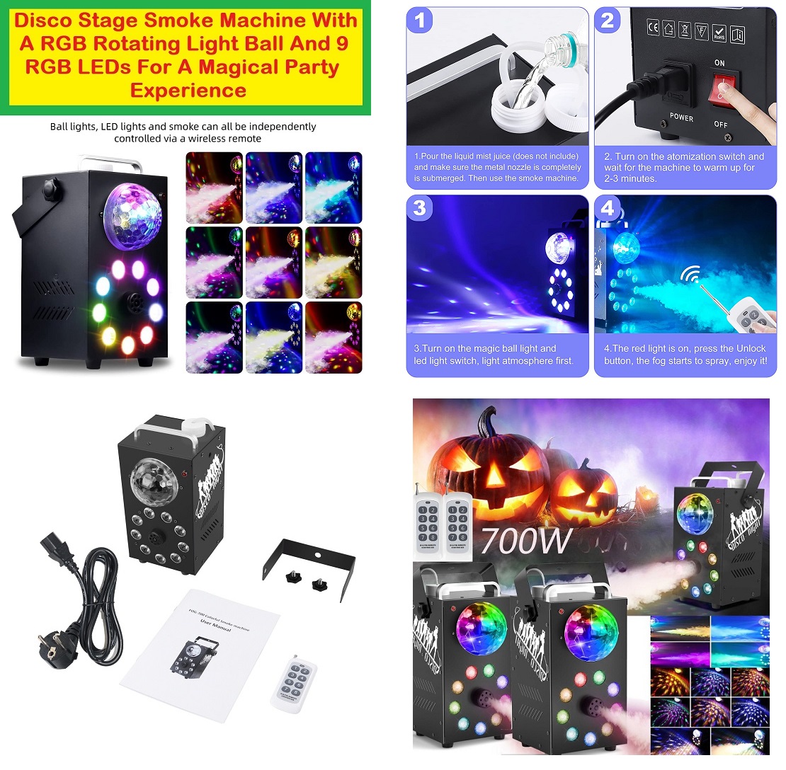 Professional Smoke Fog Machine with MultiColour RGB LEDs, Rotating Light Ball.