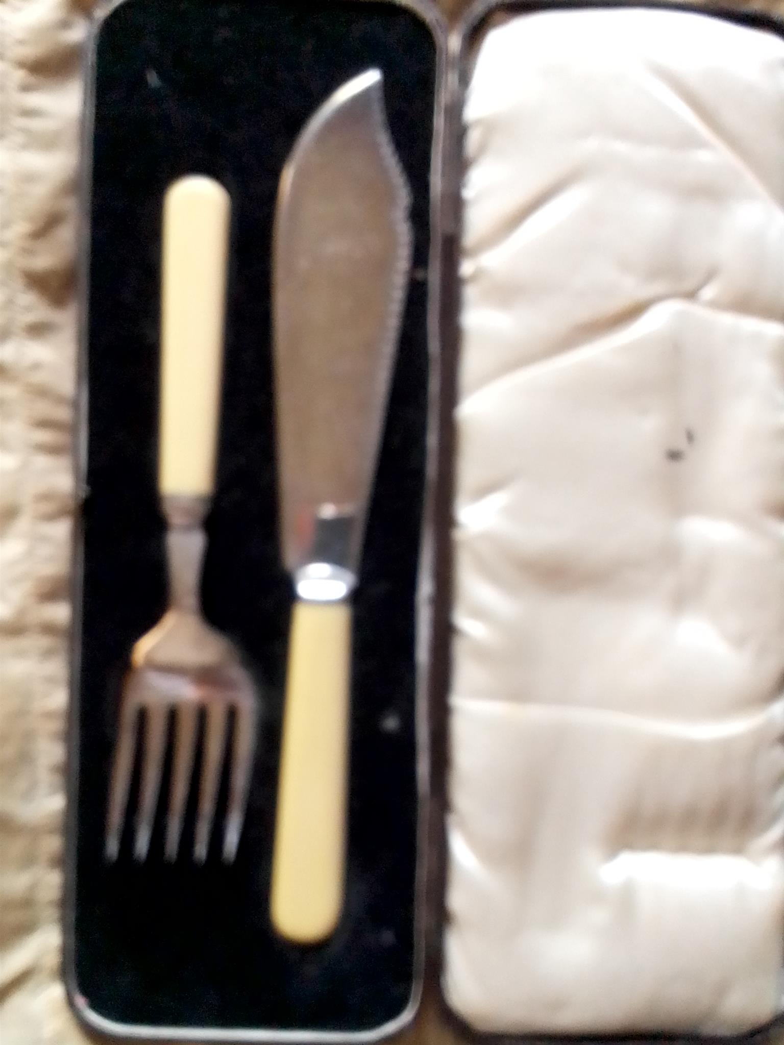 Antique silver plated fish knife & fork bone handles