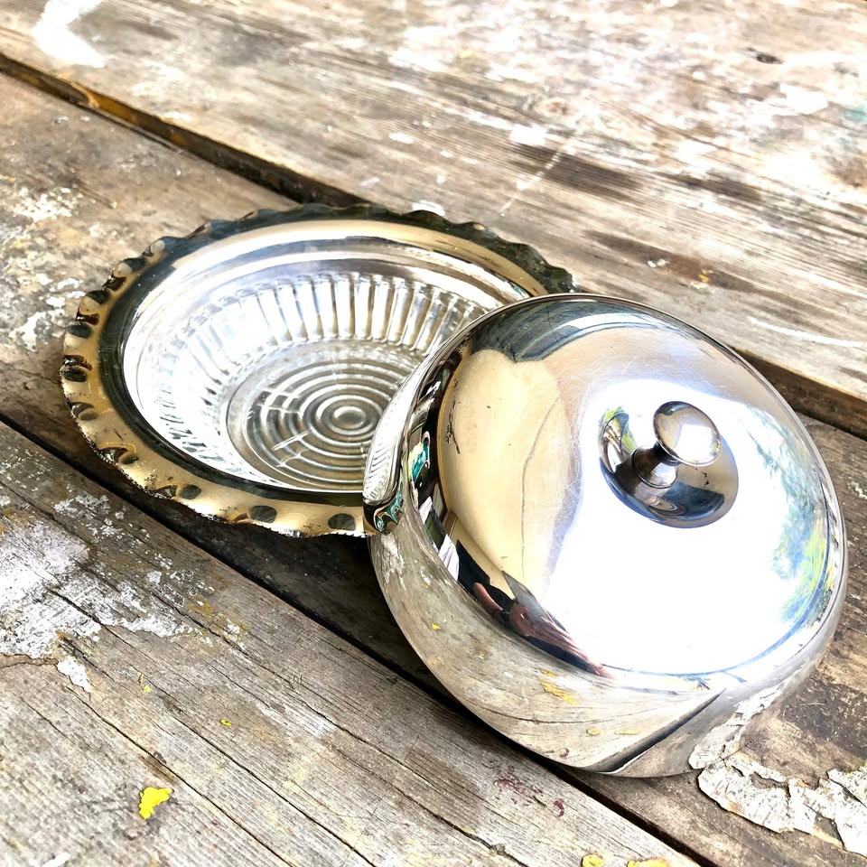 Antique Silver Plated Butter Dish – Scalloped Edge with Glass Inner