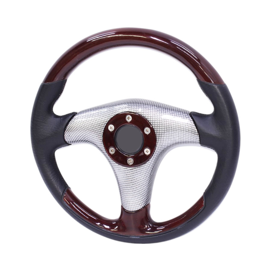 JJ-Racing Steering Wheel – Woodgrain & Black Leather with Silver Carbon Fibre Pattern Centre