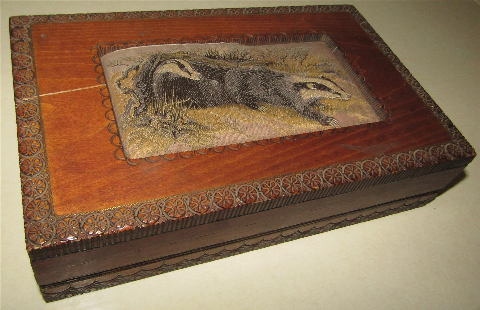 J & J Cash Hand Carved Hinged Wooden Box with Woven Image of Forest Animals made J & J Cash Hand Carved Hinged Wooden Box with Woven Image of Forest Animals made