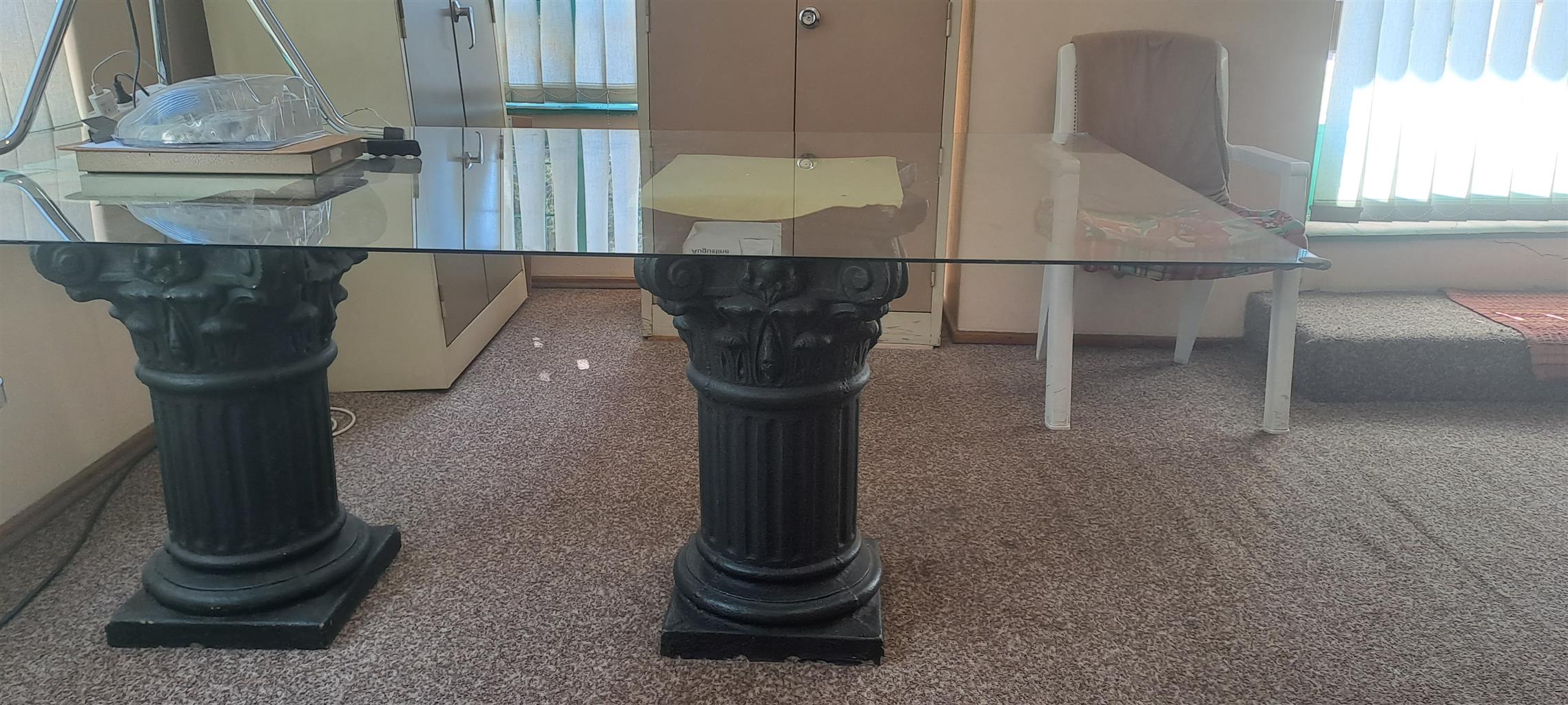 CUCKOO CLOCK 75 YEARS OLD AND LARGE GLASS TABLE ON GREEN CONCRETE PILLARS CUCKOO CLOCK 75 YEARS OLD AND LARGE GLASS TABLE ON GREEN CONCRETE PILLARS