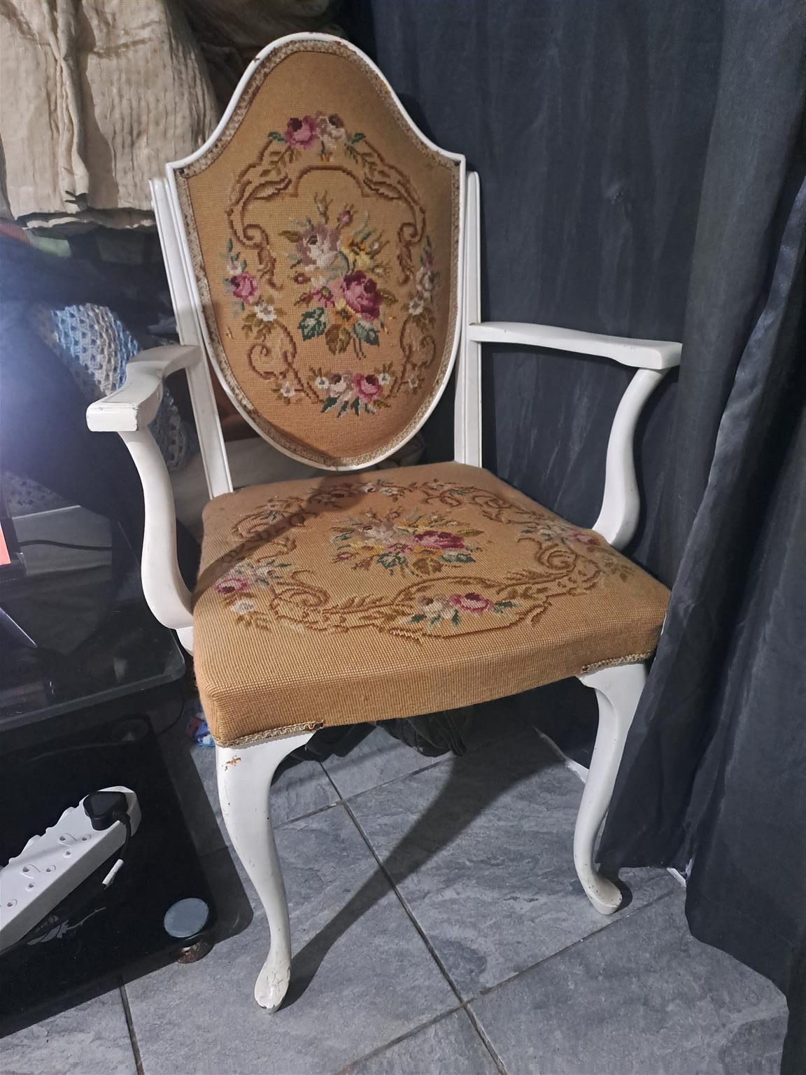 Antique white embroided arm chair Antique white embroided arm chair