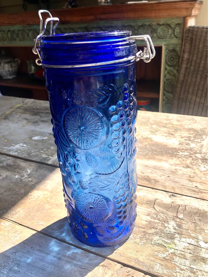 Vintage Glass Cobalt Blue Canister - Pressed Glass with protruding fruit
