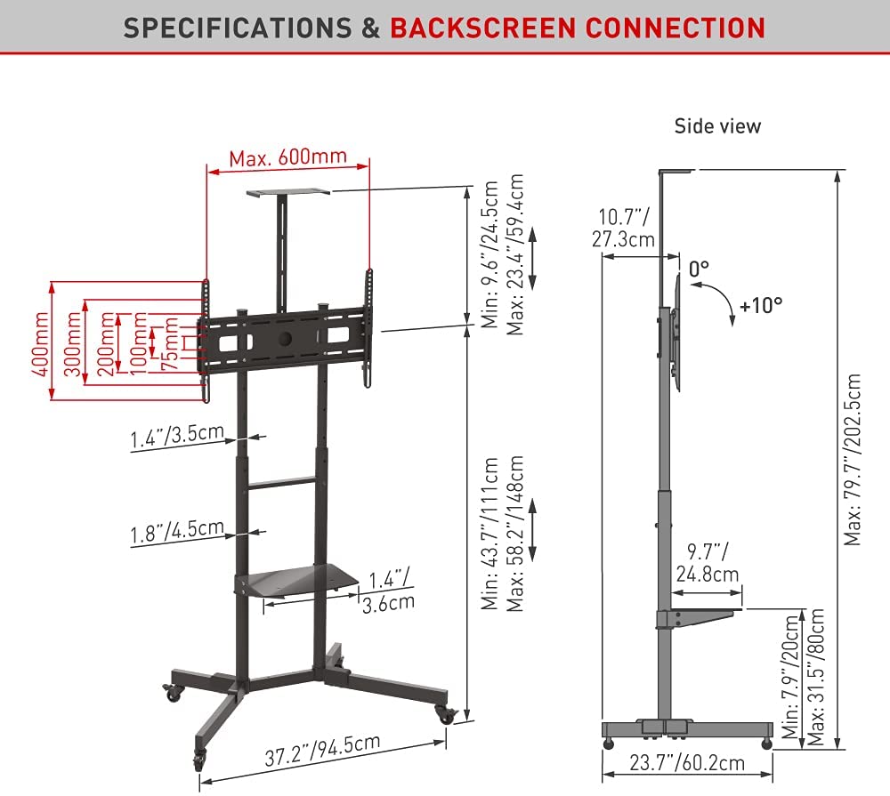 Mobile TV Trolley Tilt, Vertical Adjustment Stand Cart With Wheels And Shelves.