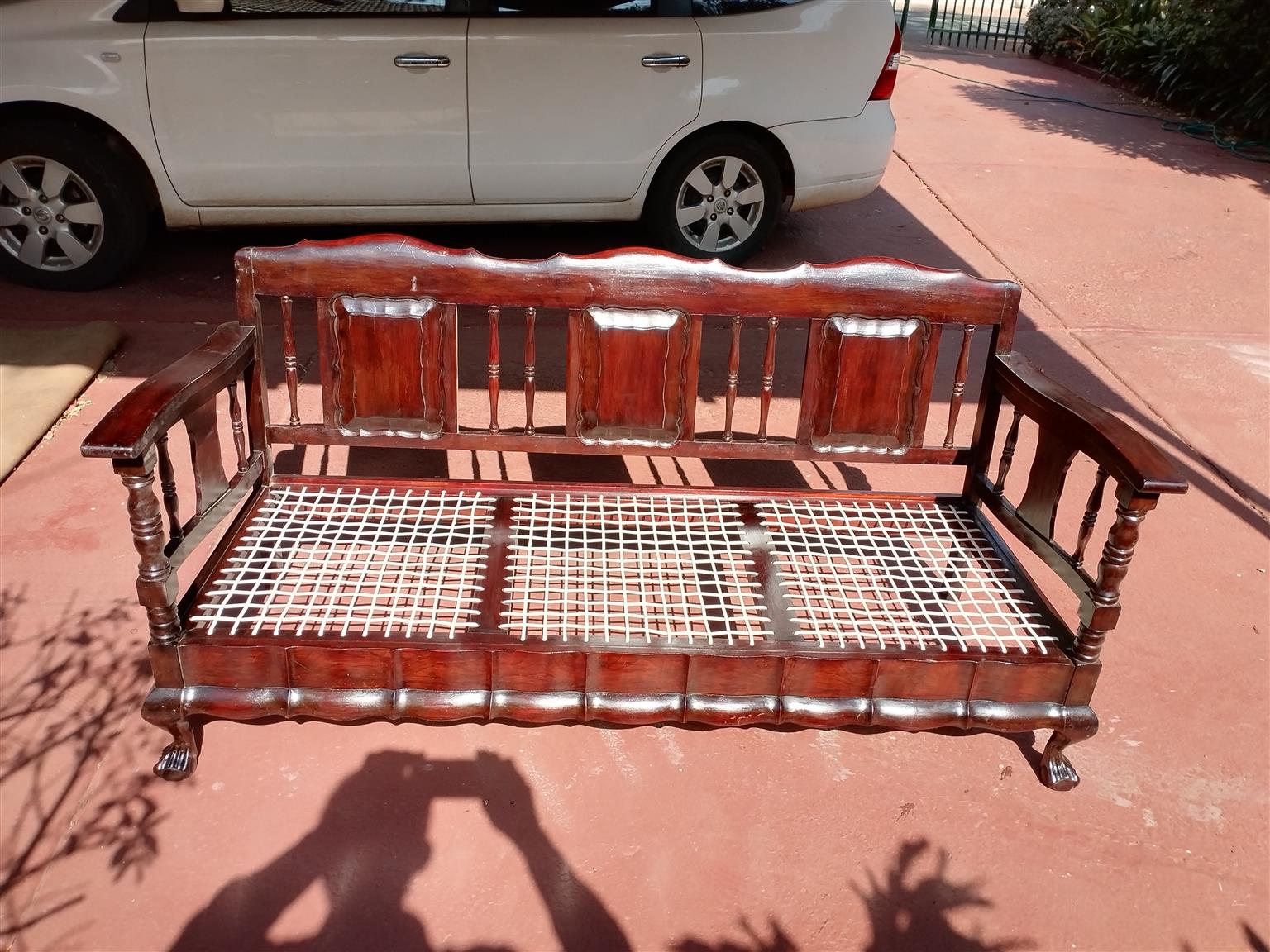 Three seater imbuia riempie bench. New riempies. nch