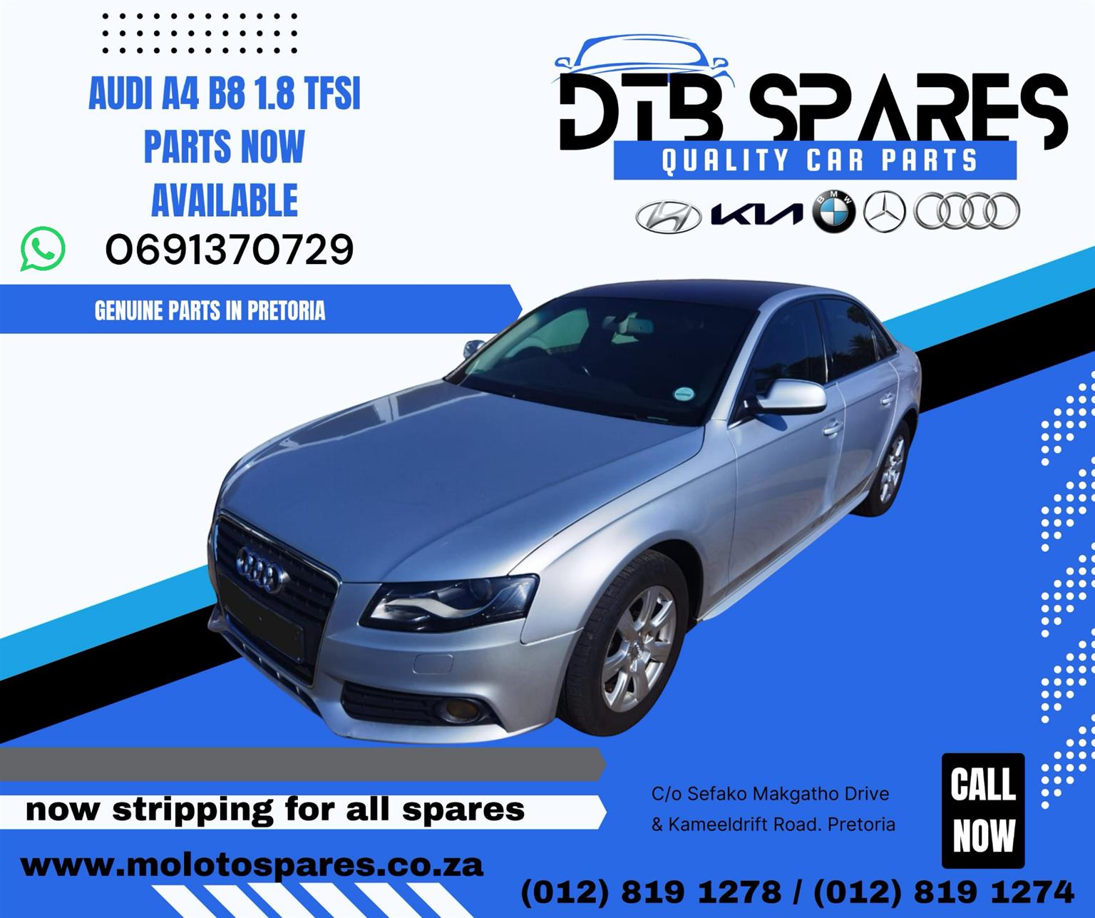 All spares for Audi Bmw Merc Kia and Hyundai