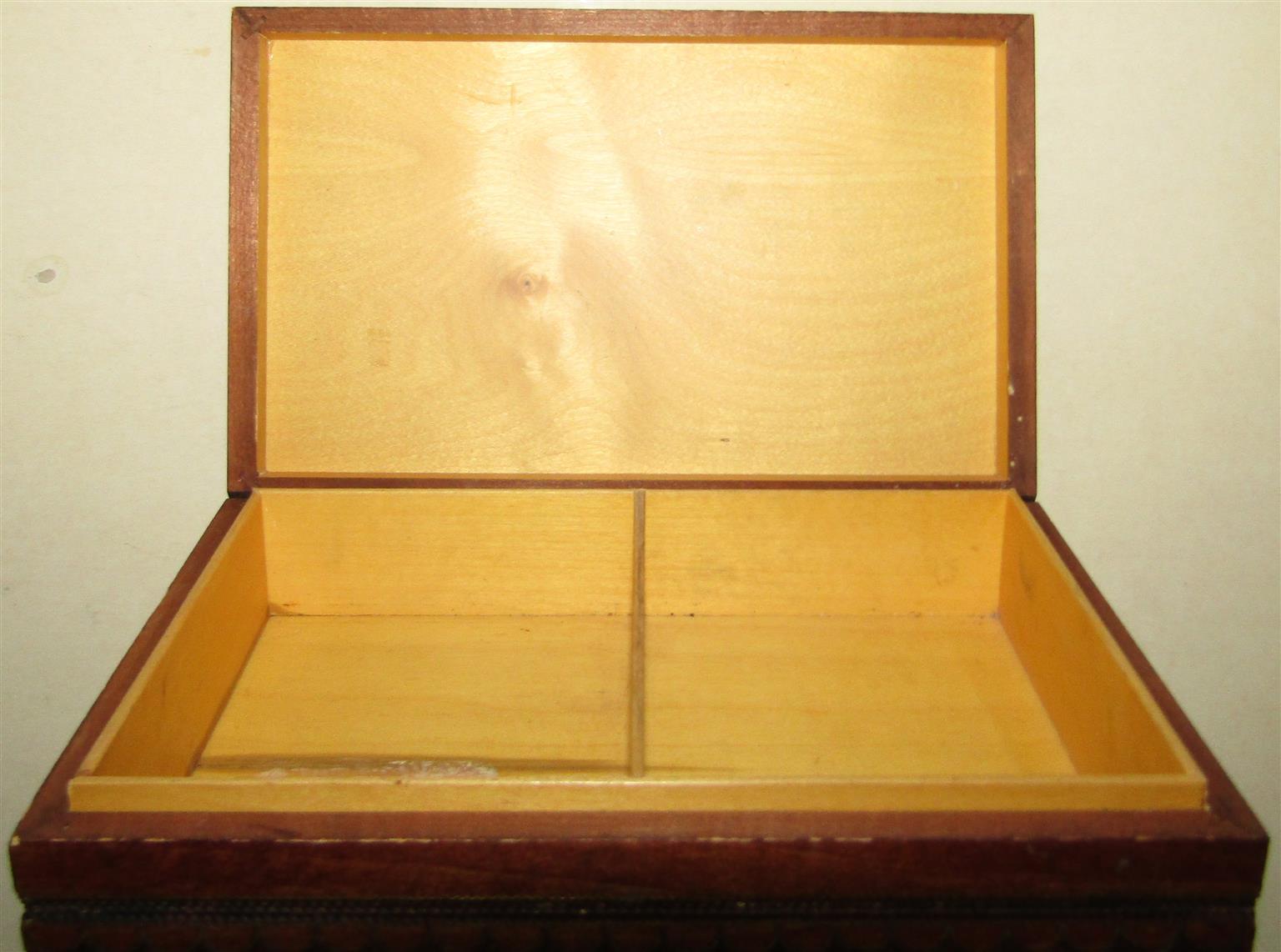 J & J Cash Hand Carved Hinged Wooden Box with Woven Image of Forest Animals made