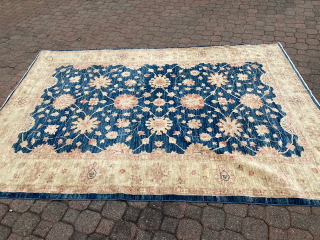 Afghan carpet blue and gold. Hand knotted 2.75×1.9m Afghan carpet blue and gold. Hand knotted 2.75×1.9m