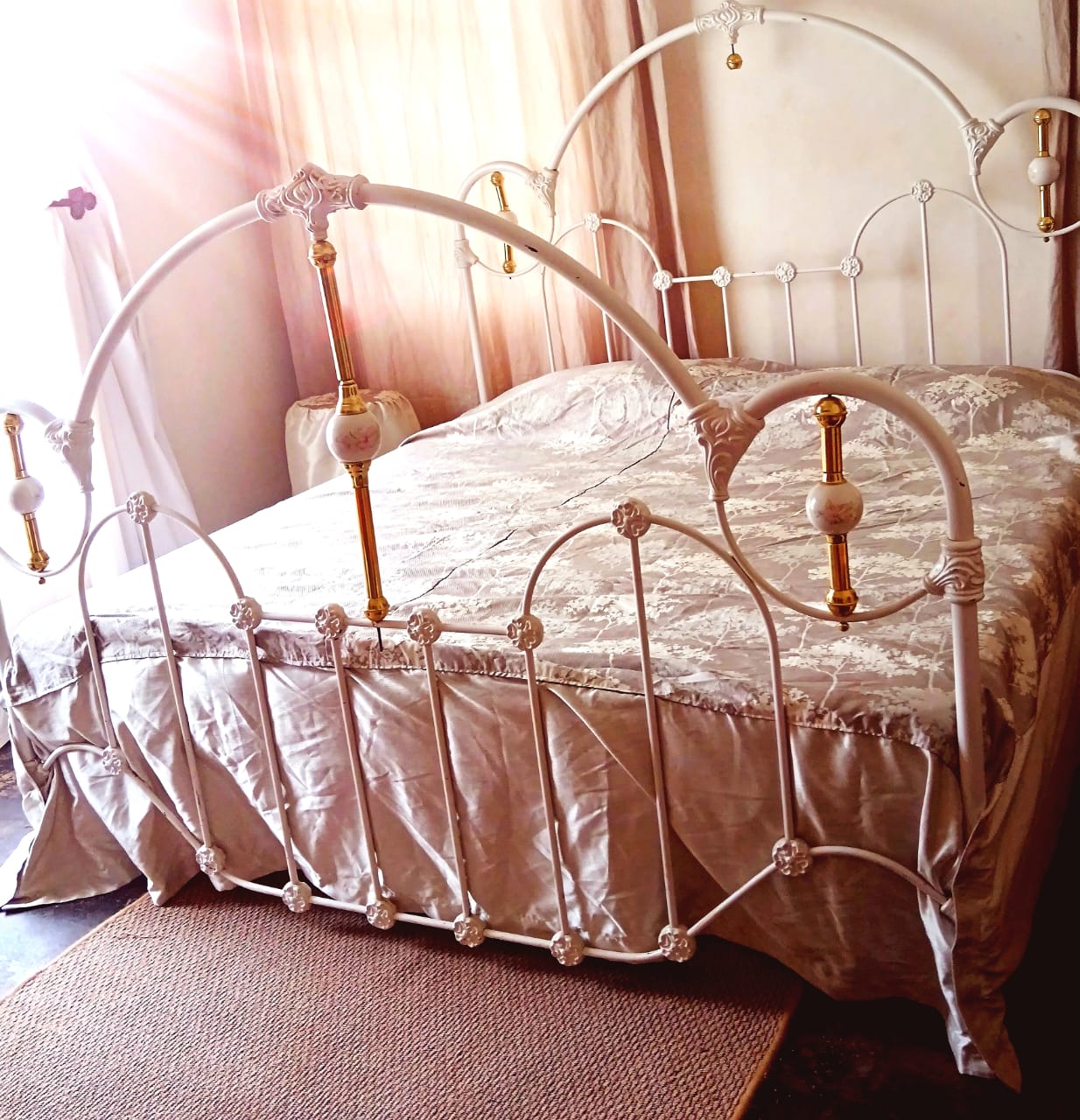 King Size Vintage Brass, Porcelain + Steel Bed+Mattress