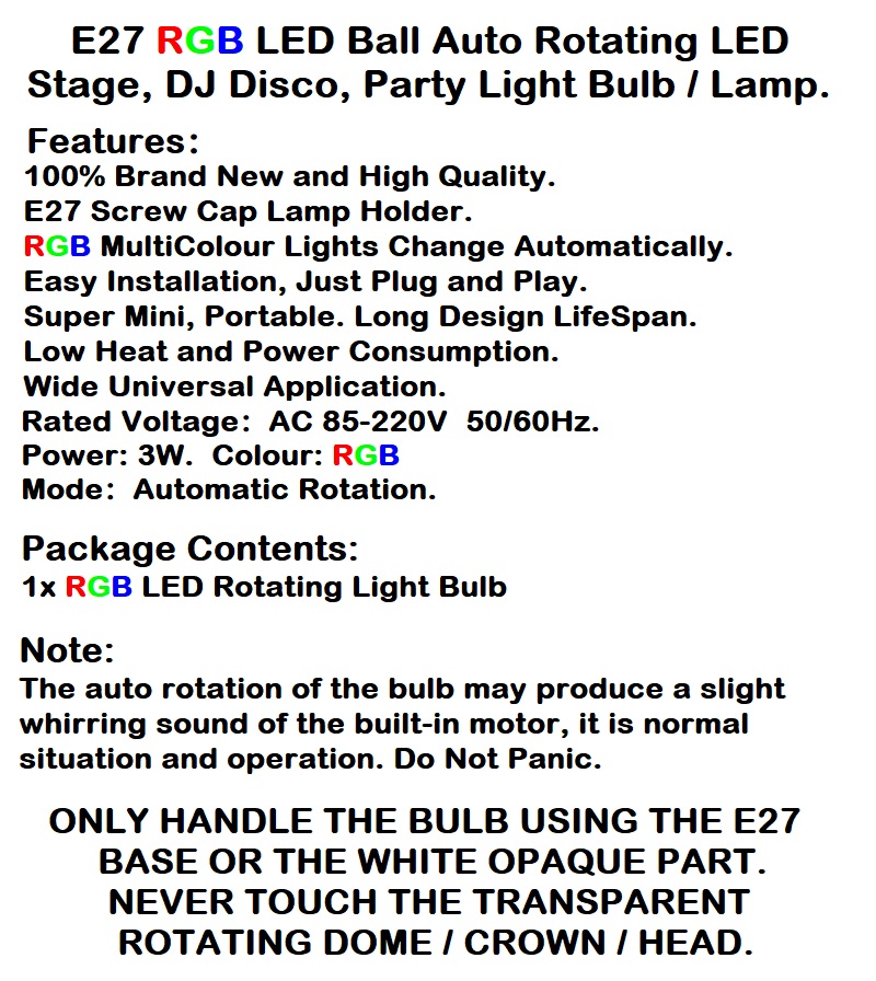 Auto Rotating DJ Party Disco Stage MultiColour RGB LED E27 Socket Crystal Lamp.