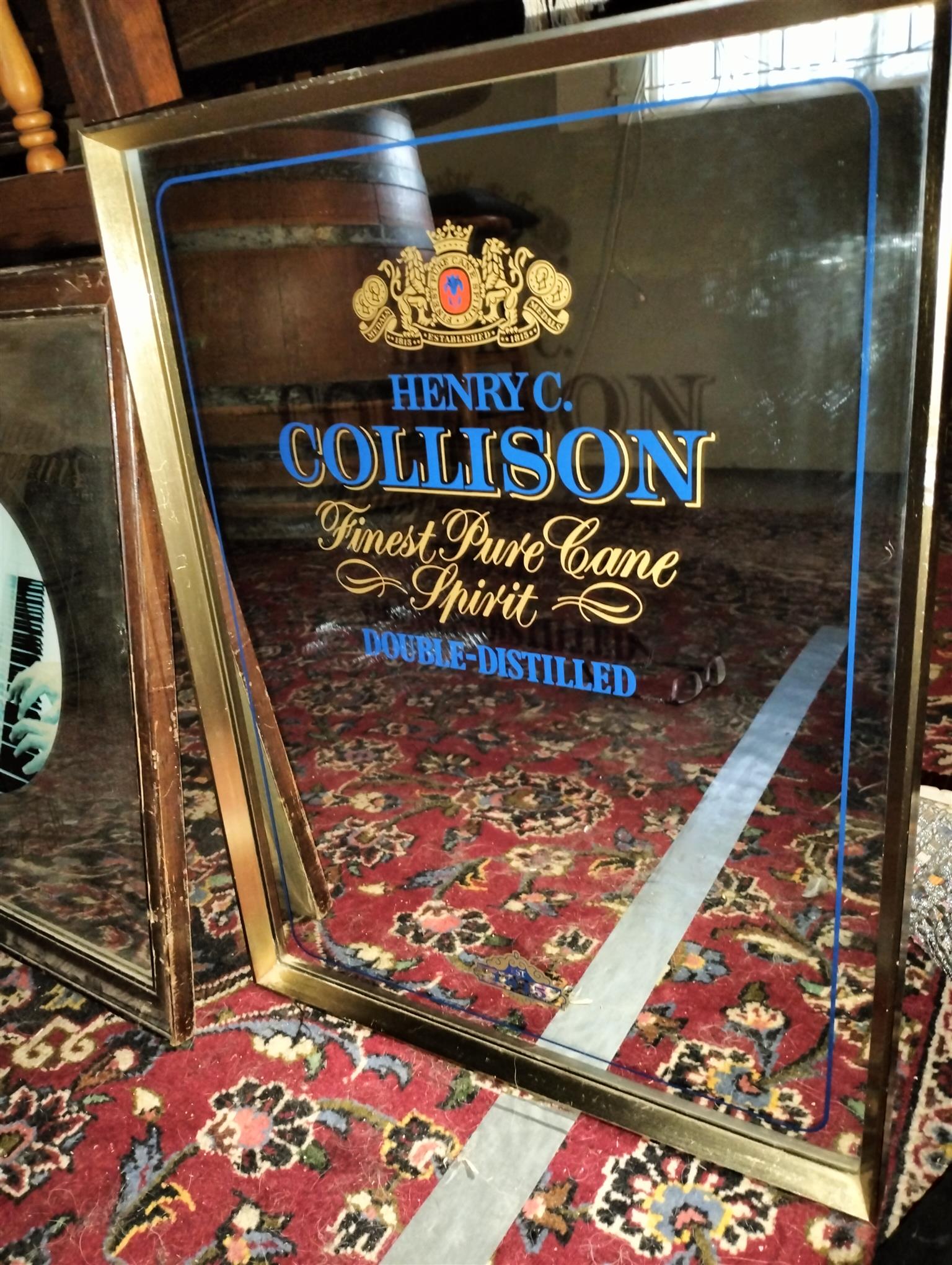 Antique bar mirror Collins finest cane spirit