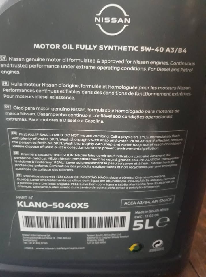 Nissan 5W-40 Synthetic Engine Oil For Sale - Private Seller
