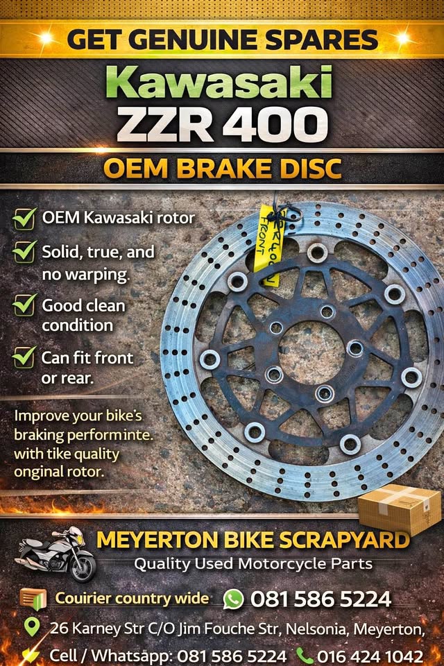 Kawasaki ZZR 400 brake disc. Meyerton bike scrapyard new & secondhand spares. Andre - Private Seller Kawasaki ZZR 400 brake disc. Meyerton bike scrapyard new & secondhand spares. Andre - Private Seller