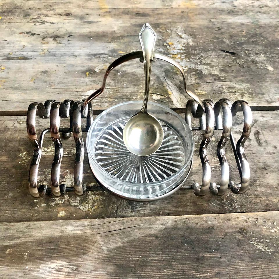 Vintage Silver Plated Toast Rack with Glass Bowl for butter or jam – Early 1950s