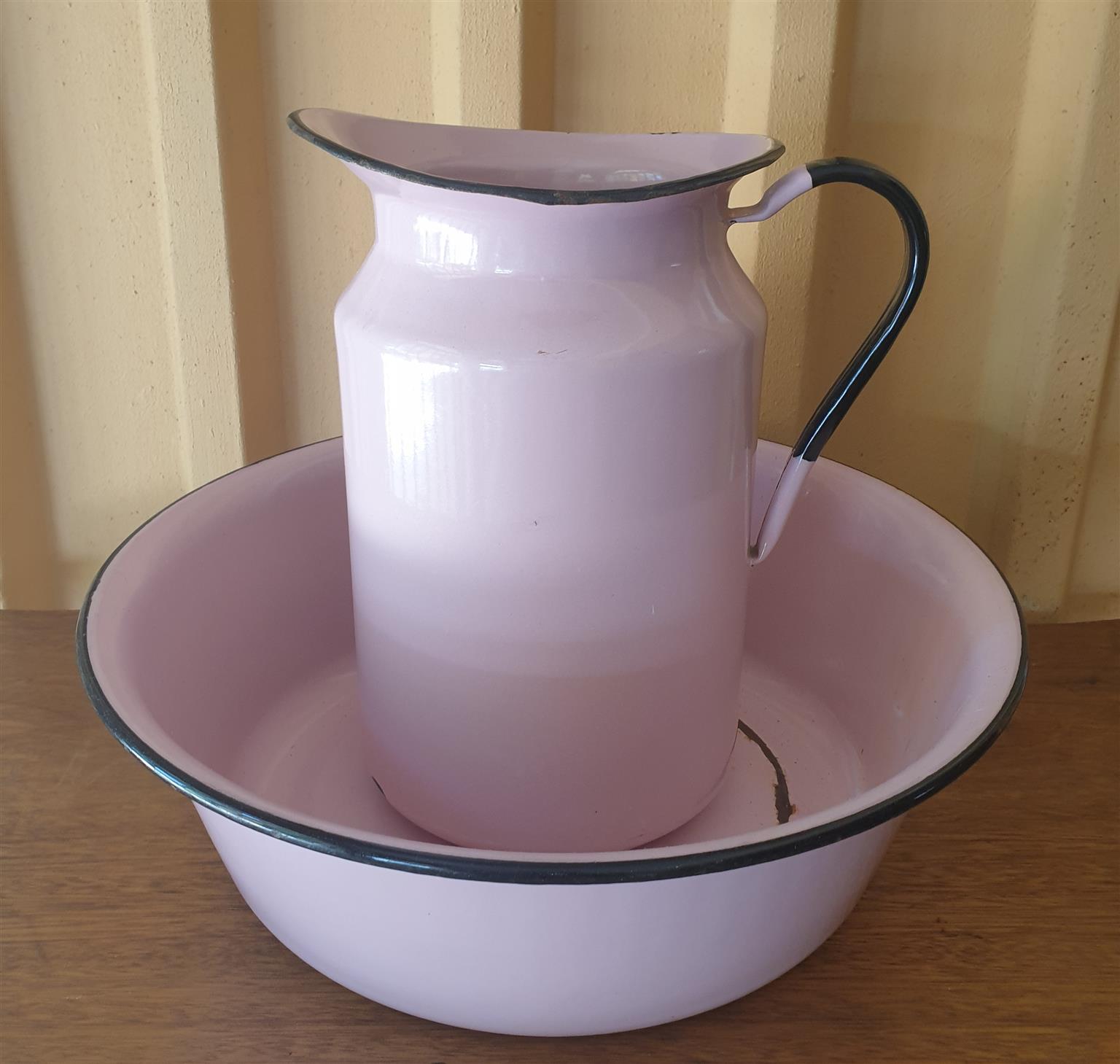 Vintage Pink Enamel Jug and Wash Basin