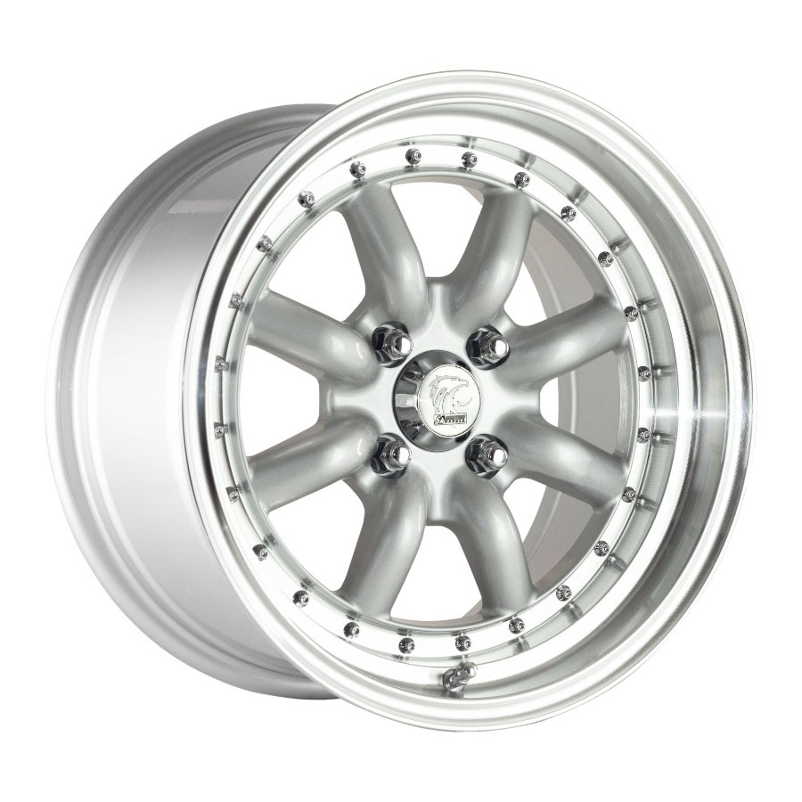 15″ A-Line Bliss 4/100 Super silver Machine Lip with Chrome Rivets Alloy Wheels