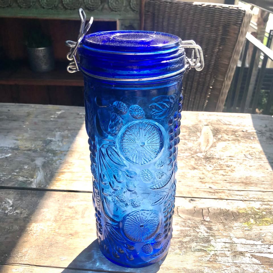 Vintage Glass Cobalt Blue Canister - Pressed Glass with protruding fruit