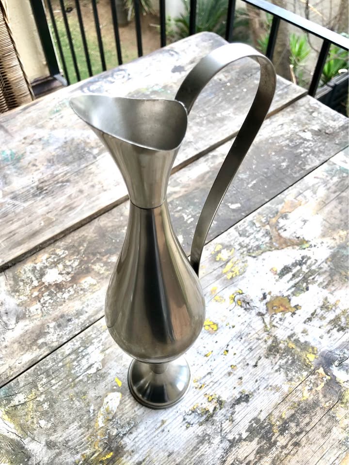 Retro 1950/60 Beautiful Tall brushed stainless steel vase or oil decanter. Very unique indeed