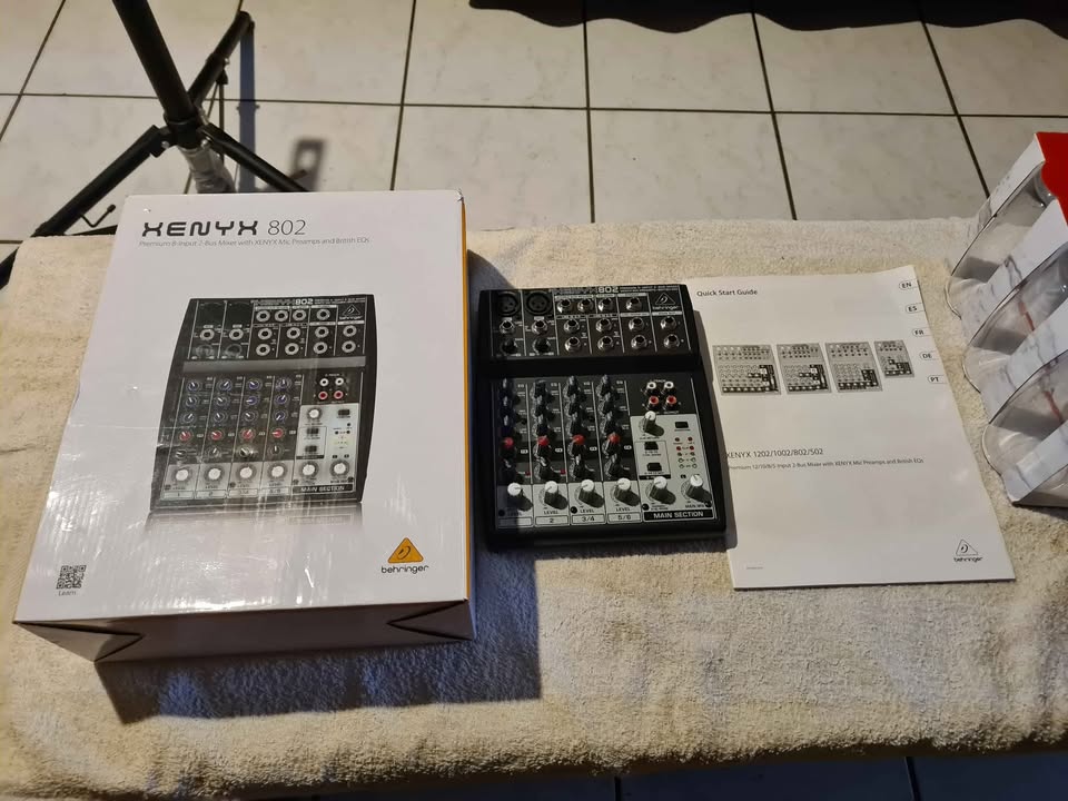 Behringer Xenyx 802 audio mixer.