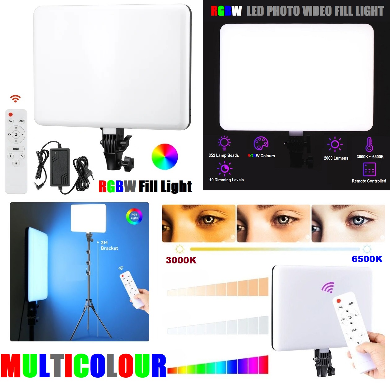 Professional Video & Photo MultiColour RGBW Remote Controlled LED Light Kit. NEW