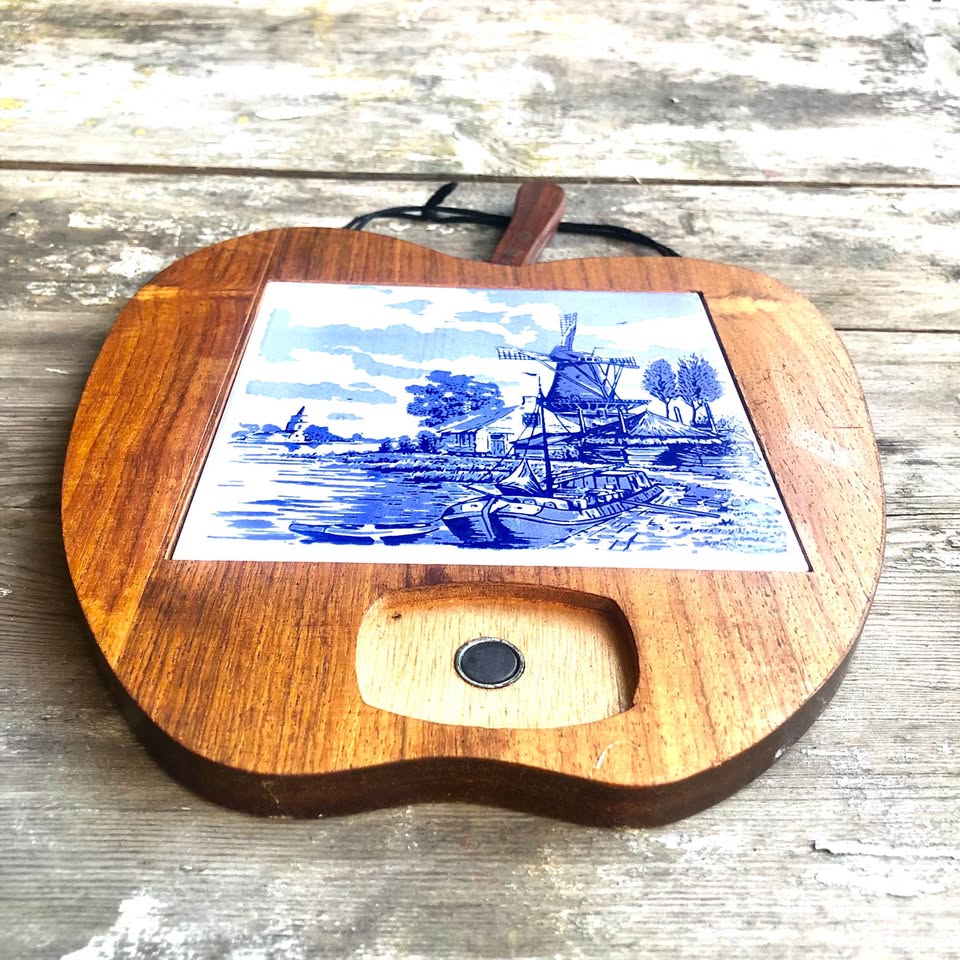 Vintage Delft Blue and White Windmill Tile Cheese Cutting Board With Knife