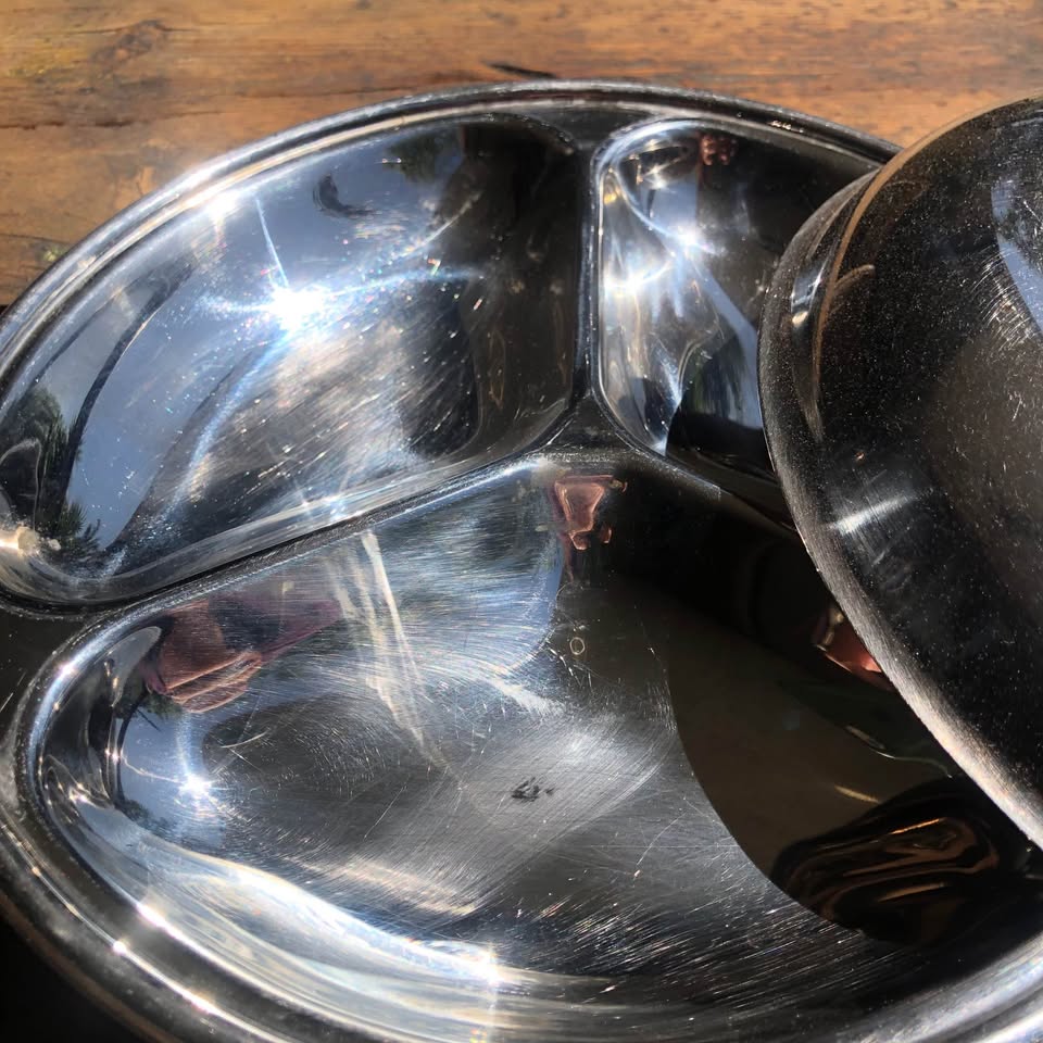 Vintage Stainless Steel Serving Dish with 3-Division Divider and Lid