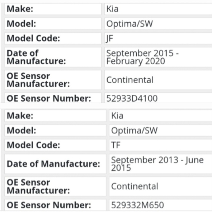 Kia Optima TPMS tyre pressure monitor sensors and valves - Private Seller