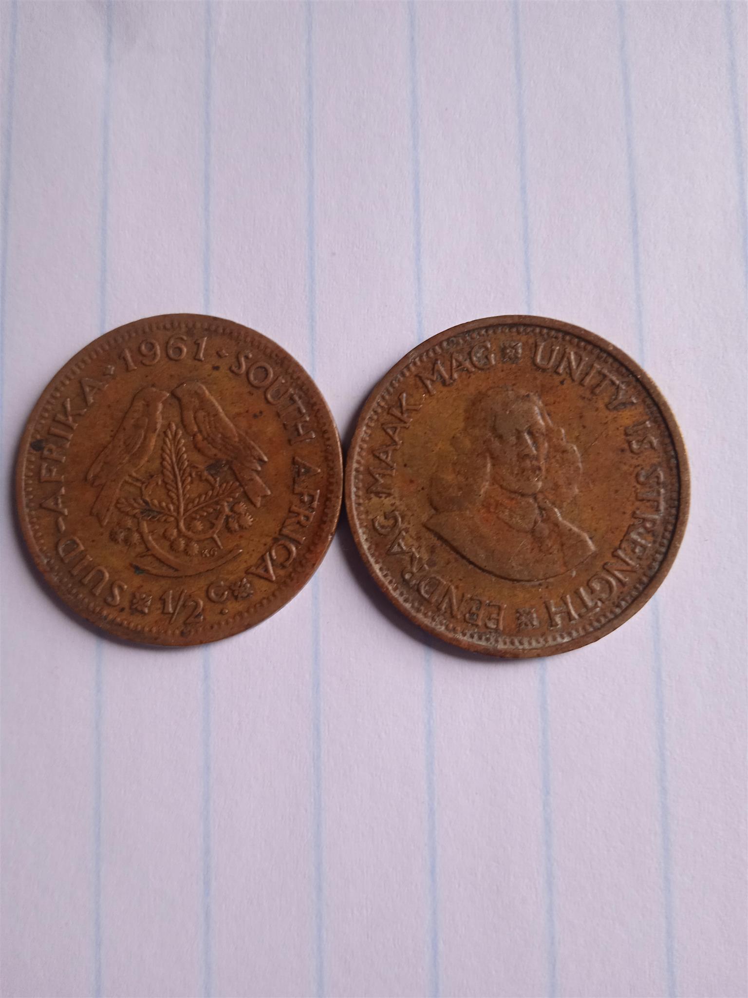 1961 South African half cents inscribed in both english & afrikaans inscribed