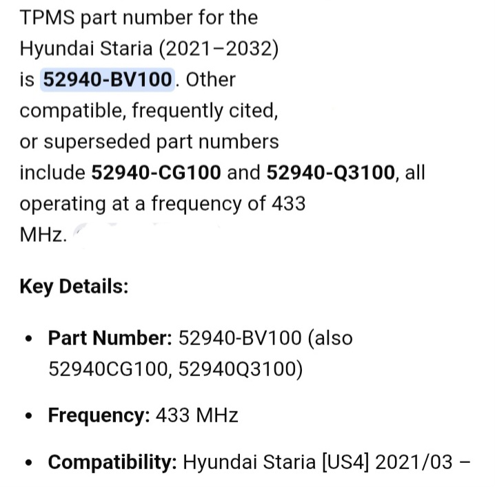 Hyundai Staria TPMS tyre pressure monitor sensors - Private Seller