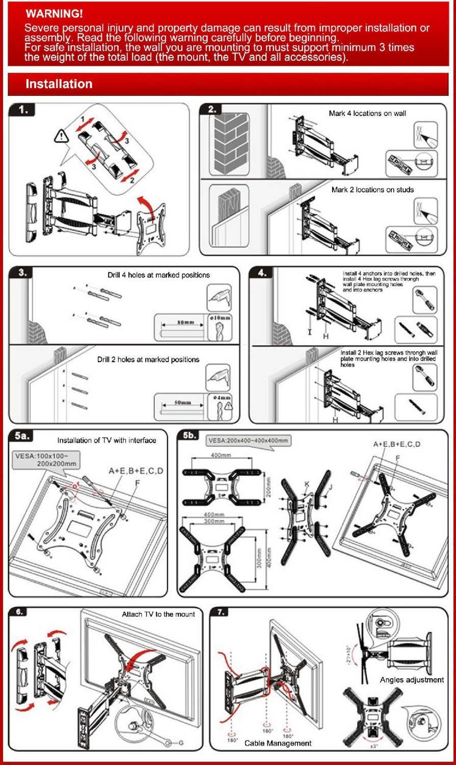 TV Wall Mount Bracket. Full Motion Cantilever (Tilt, Swivel) Bracket for 32inch ~ 55inch TVs. NEW