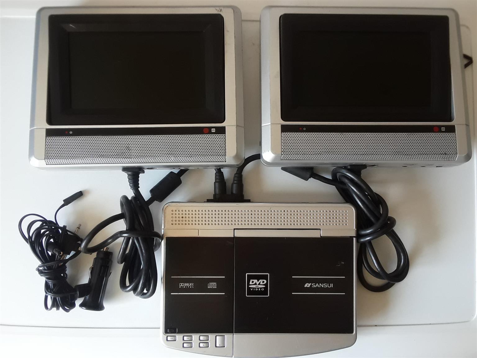 Sansui Car DVD System. Two LCD screens, fitted with car seat straps, DVD  Player