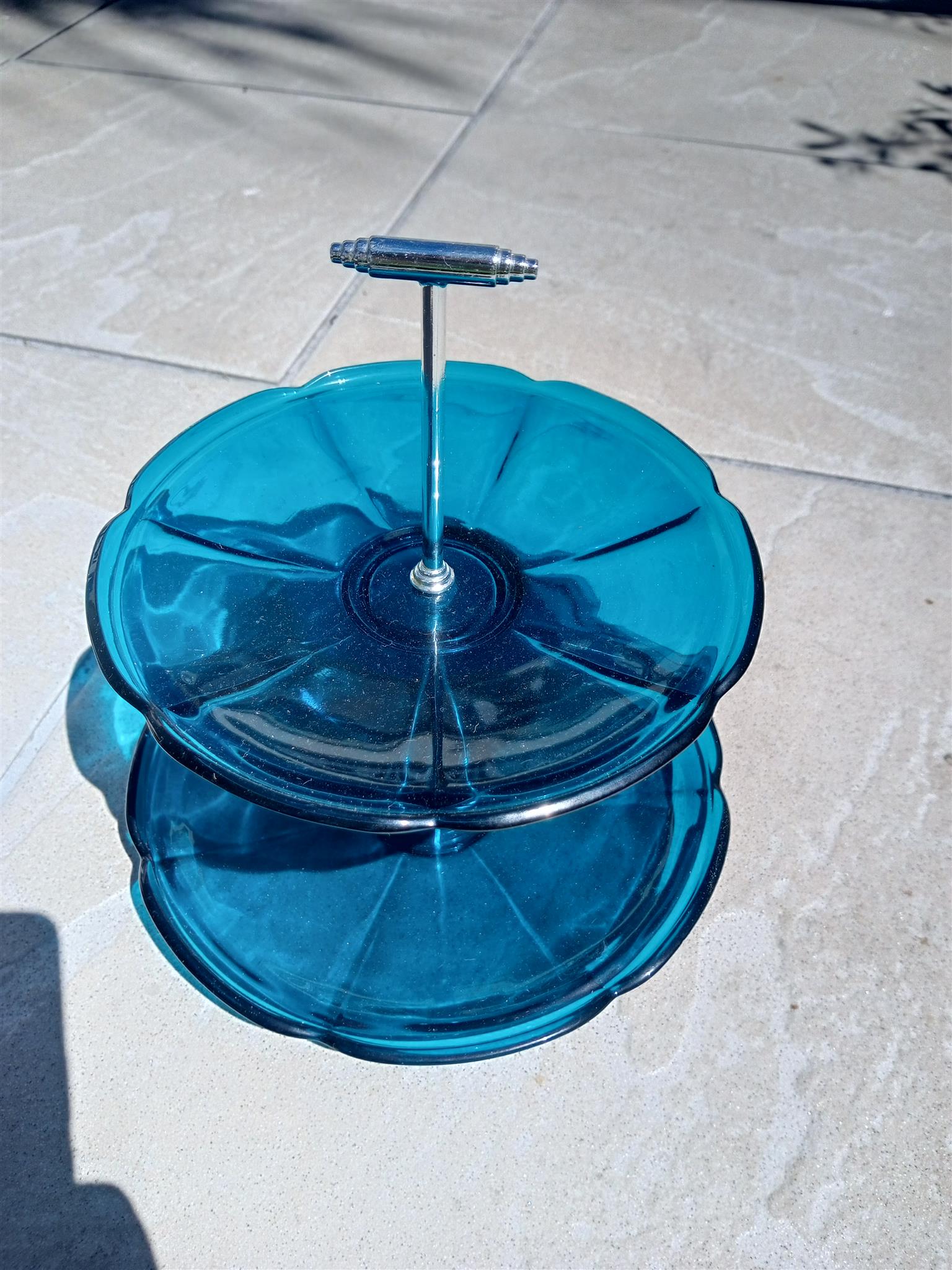 Vintage Blue Glass 2-Tier Dessert Serving Dish 9"