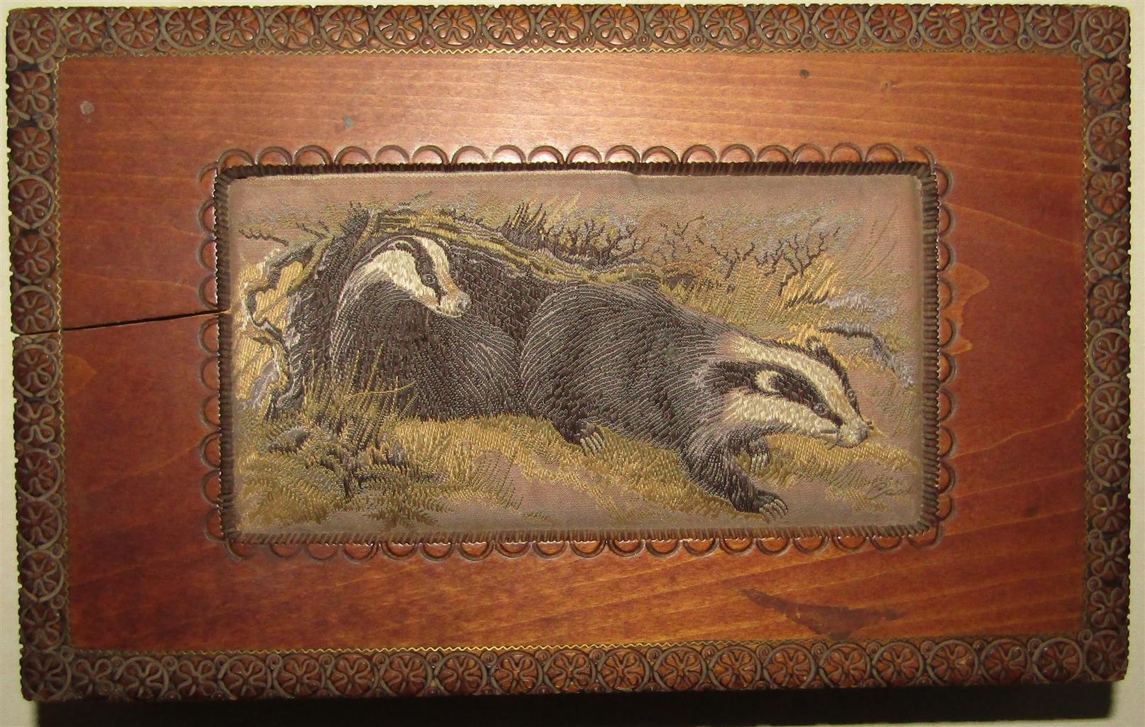 J & J Cash Hand Carved Hinged Wooden Box with Woven Image of Forest Animals made