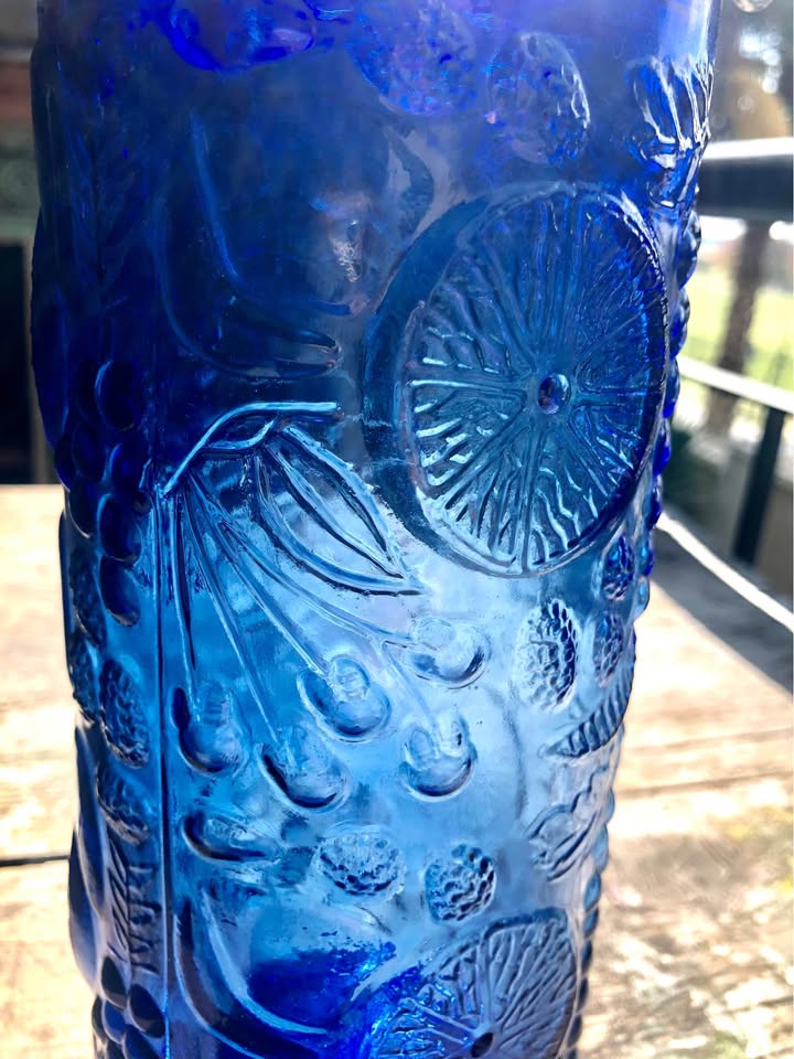 Vintage Glass Cobalt Blue Canister - Pressed Glass with protruding fruit