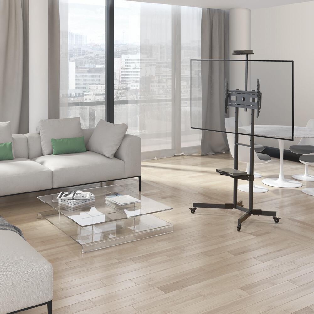 Mobile TV Trolley Tilt, Vertical Adjustment Stand Cart With Wheels And Shelves.