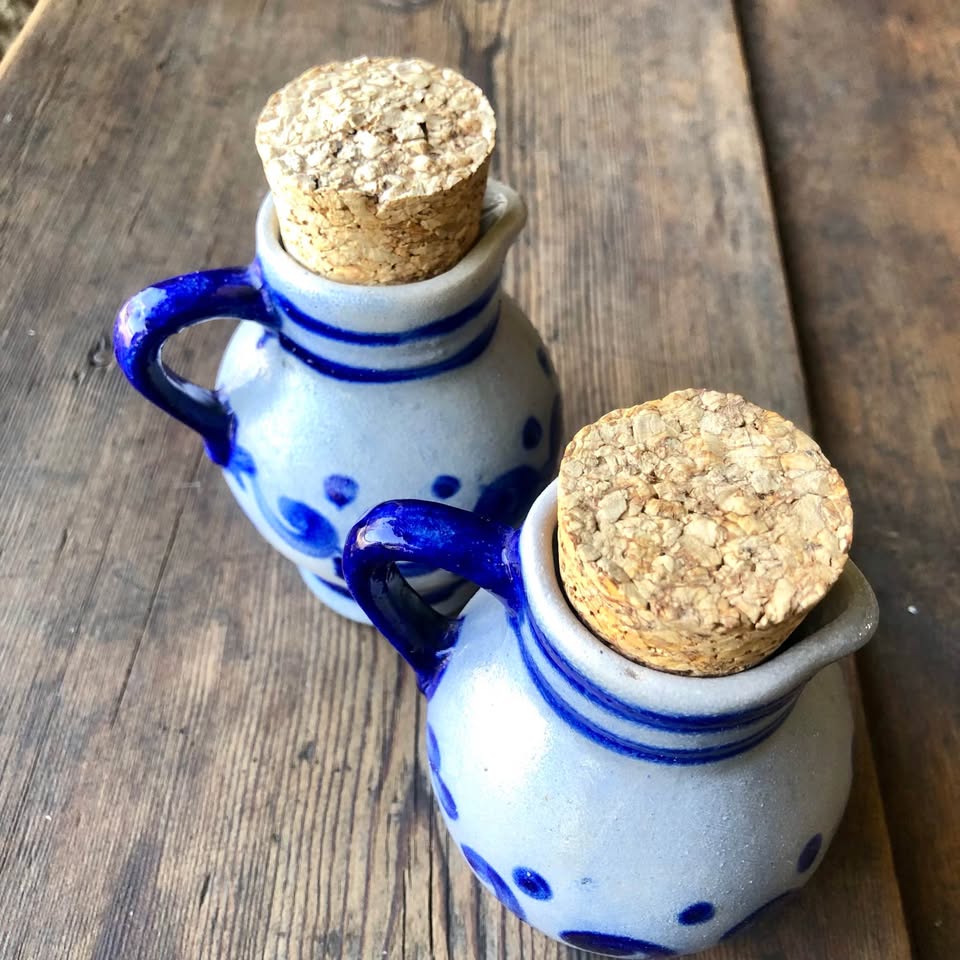 Discover Vintage 1950s German Hand-Painted Cobalt Blue Pottery Pitchers for oil and vinegar